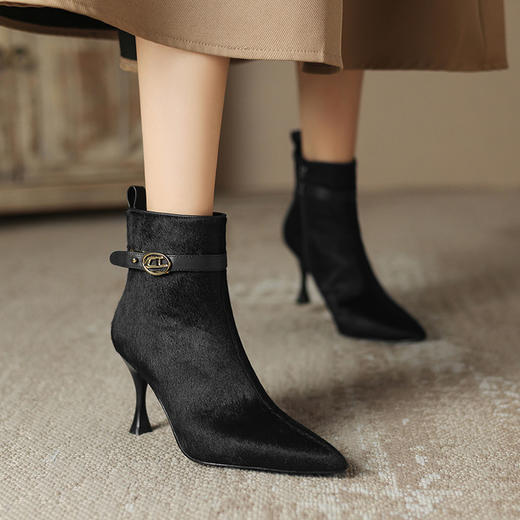 【预售5天】新款尖头细跟高跟短靴女时尚马毛百搭舒适瘦瘦靴侧拉链时装靴HP&A2565-1 商品图1