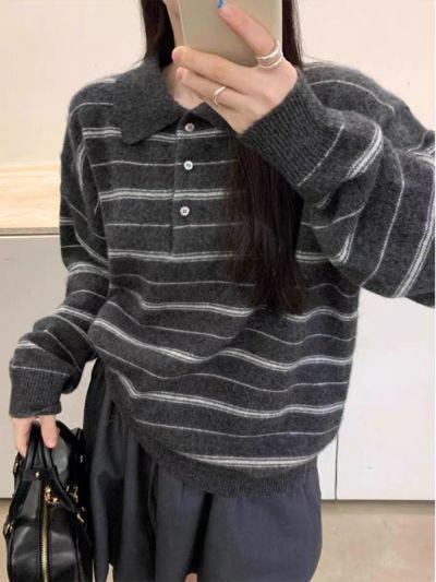 🌺【MOMOTIABIN翻领撞色条纹羊毛衫DBTHJZYMB2535】🌟解锁ins博主高级感穿搭密码🔑救命！⁩这件毛衣也太太太韩了吧！⁮ 随手一穿就是ins博主同款氛围感 商品图4