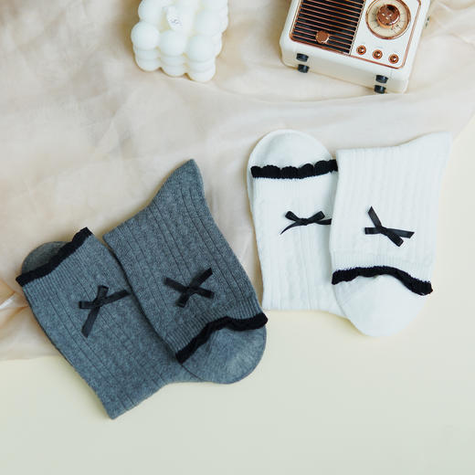 【59元3双】【1双装】女丨女士时尚花变袜子麻花蝴蝶结女袜中长筒四季女袜【2522501】 商品图3