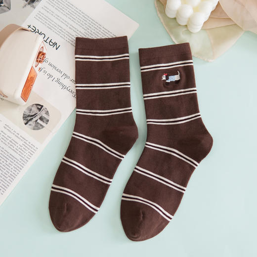 【59元3双】【1双装】女丨女士时尚咖条中长筒袜子时尚棉袜刺绣狗狗可爱女袜【2522509】 商品图2