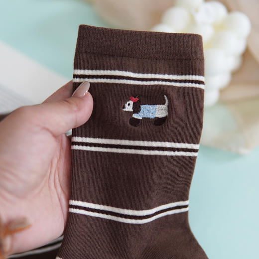 【59元3双】【1双装】女丨女士时尚咖条中长筒袜子时尚棉袜刺绣狗狗可爱女袜【2522509】 商品图4