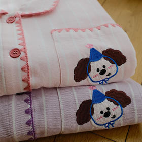 【全棉磨毛】预售~快乐小狗情侣睡衣女春秋季2025新款纯棉卡通刺绣长袖卡通家居服全棉男女