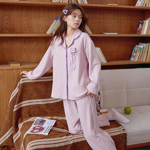 自然醒轻歌针织棉睡衣女士春秋季长袖开衫可外穿高级感休闲宽松家居服套装QH 商品图8