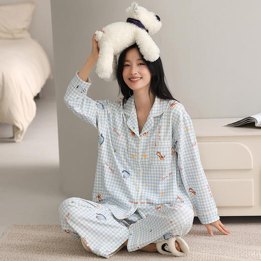 自然醒致柔针织棉(带胸垫)睡衣女士春秋季长袖带胸垫一体秋冬款开衫家居服套装QH 商品图7