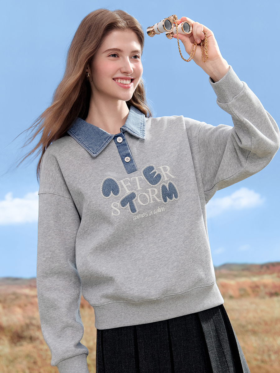 【百图lulu定制】【牛仔POLO卫衣】 通勤风 字母 刺绣卫衣