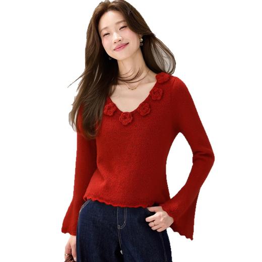 CC 2131立体花朵V领毛衣修身慵懒风喇叭袖针织衫 商品图4