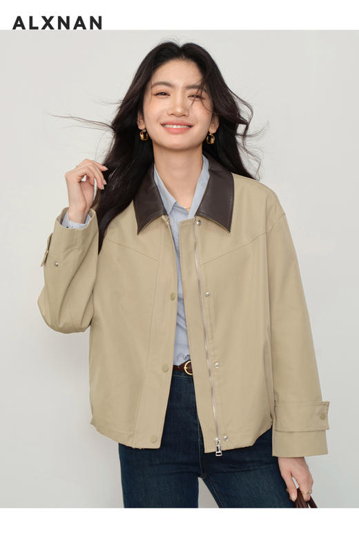 鹿向南「闲素涵光」卡其色翻领皮夹克秋冬新款时尚休闲女短款外套L57256 商品图5