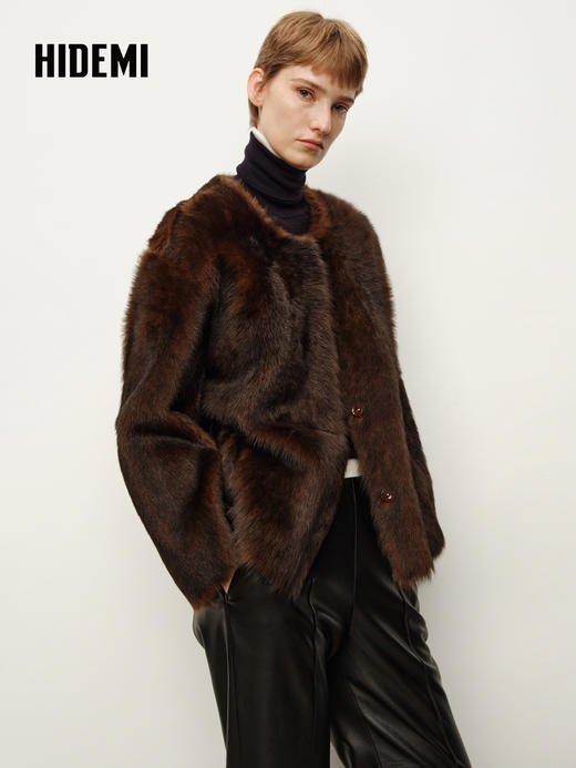 HIDEMI  双色定染做旧感渐变乌木棕圆领廓形皮毛一体大衣外套 黑棕双色渐变 商品图1