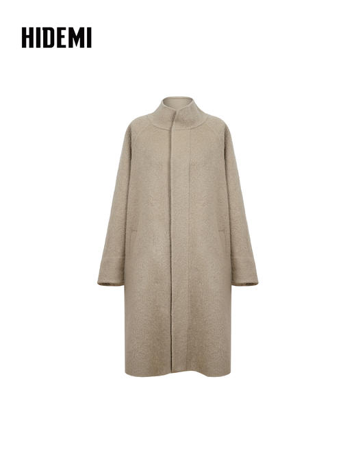 HIDEMI 进口新西兰羊驼毛拉毛做旧感白卷边廓形口袋大衣外套 燕麦色 商品图6