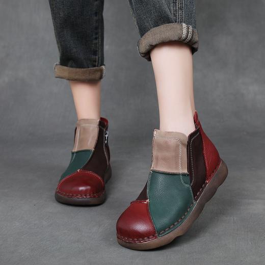 FR 85668短靴复古圆头平底拼色休闲单鞋 商品图0