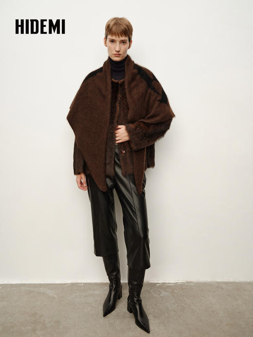 HIDEMI  双色定染做旧感渐变乌木棕圆领廓形皮毛一体大衣外套 黑棕双色渐变 商品图2