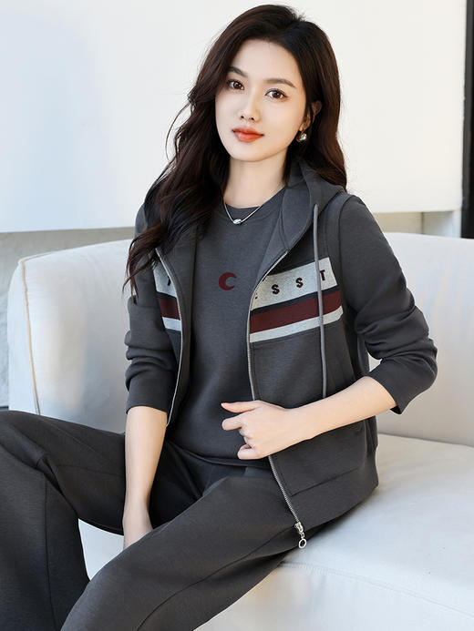 SP55-6577 运动套装女春秋季2025新款时尚休闲服大码宽松连帽马甲卫衣三件套 商品图2