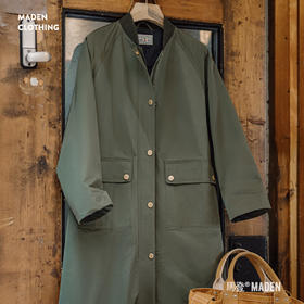 马登复古橄榄绿风衣中长款轻盈大衣宽松翻盖口袋工装外套春秋女