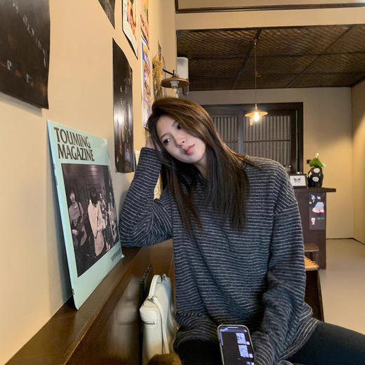 慵懒风磨毛绒加厚条纹长袖T恤！秋冬宽松打底！ 商品图2