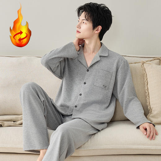自然醒慢屿男士家居服蚕丝羊毛绒长袖长裤开衫睡衣QH 商品图2