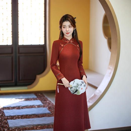 SKY 211109时尚改良新中式毛呢大摆裙大码旗袍裙 商品图2