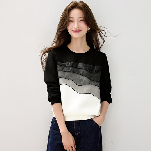 CC 2128松弛感圆领针织衫撞色条纹长袖t恤 商品图3