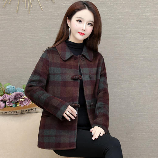 QYM XQ88519-Y格纹呢子翻领厚款毛呢中式复古盘扣休闲外套 商品图1