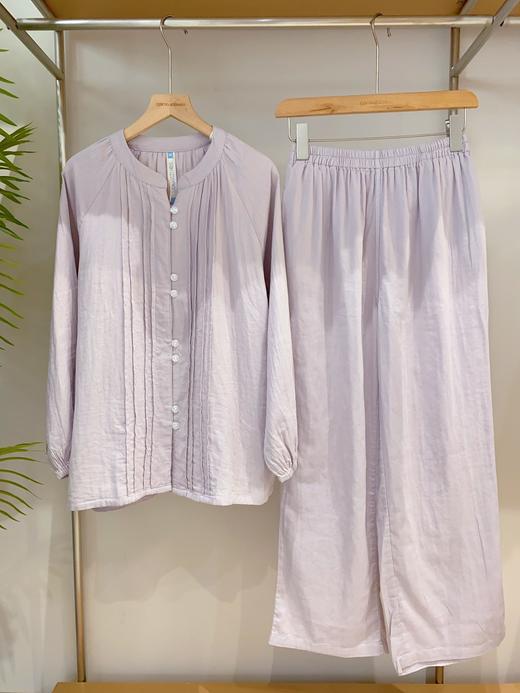 松植屋女士圆领水洗全棉长袖长裤套装春秋女款简约纯色双层纱布睡衣 商品图4