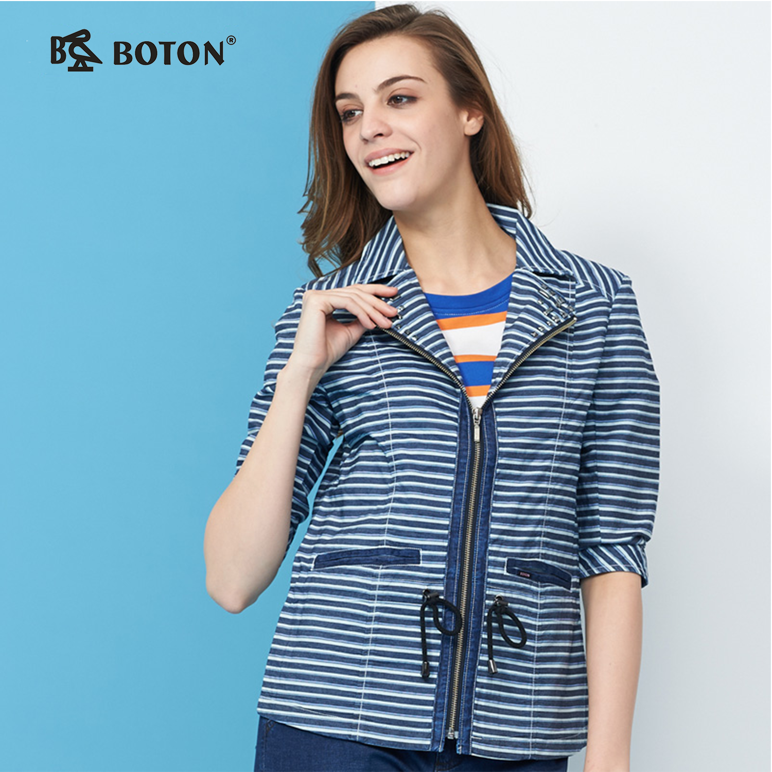 【第2件半价！尾货清仓不退换】波顿女士条子牛仔夹克LJ391