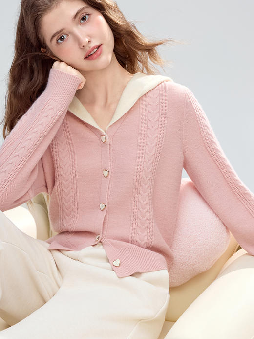 【百图lulu定制】【少女心毛衣】 粉色假两件连帽毛衣外套 开衫 商品图0