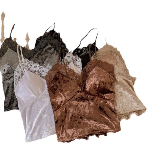 【小众设计款！抢2件更划算！】纯欲蕾丝金丝绒拼接吊带 百搭舒适遮副乳 秋冬美背上衣bra 商品图4