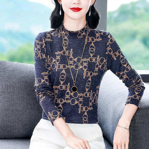 XMZ1263德绒半高领打底衫女长袖t恤春秋冬新款洋气妈妈印花加绒加厚上衣 商品图0