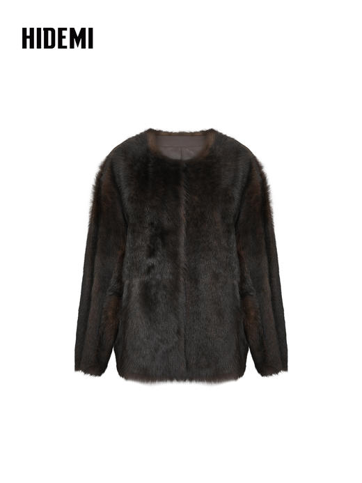 HIDEMI  双色定染做旧感渐变乌木棕圆领廓形皮毛一体大衣外套 黑棕双色渐变 商品图5