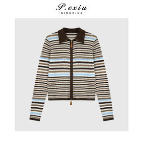 04-4潘依绣丁丁宠粉马海毛羊毛彩虹条纹翻领双拉链针织衫 Ss056