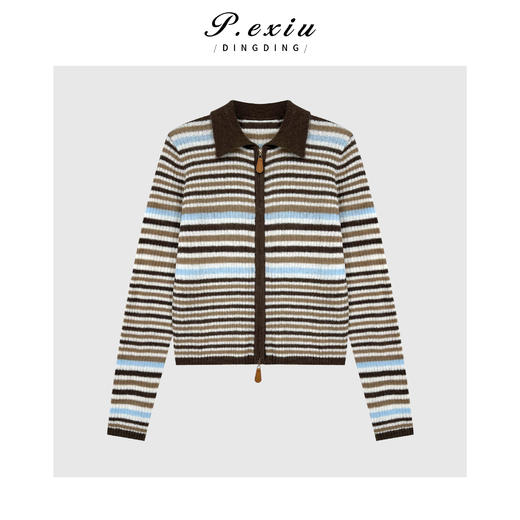 04-4潘依绣丁丁宠粉马海毛羊毛彩虹条纹翻领双拉链针织衫 Ss056 商品图0