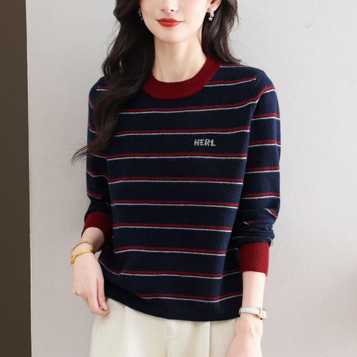 CC 101-15805红黑条纹圆领毛衣字母刺绣撞色宽松显瘦针织衫 商品图3