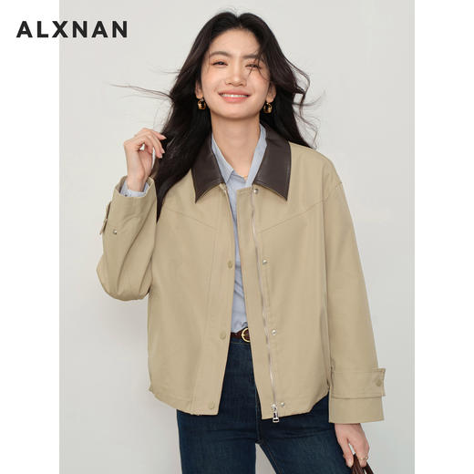 鹿向南「闲素涵光」卡其色翻领皮夹克秋冬新款时尚休闲女短款外套L57256 商品图0