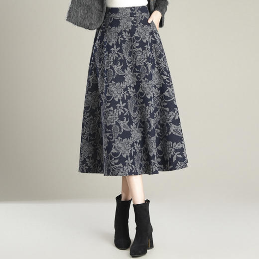 PH-1602印花半身裙女秋冬2025新款高腰显瘦大摆裙遮胯中长款a字裙百褶裙 商品图0