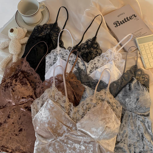 【小众设计款！抢2件更划算！】纯欲蕾丝金丝绒拼接吊带 百搭舒适遮副乳 秋冬美背上衣bra 商品图0