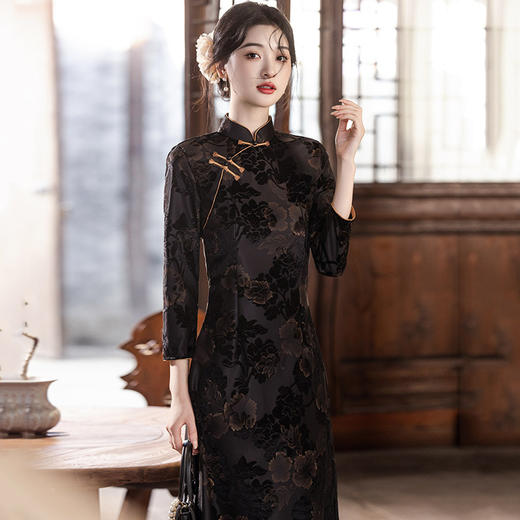 SC22289显瘦妈妈装国风新中式秋季长袖旗袍2025新款女复古收腰连衣裙秋冬 商品图3