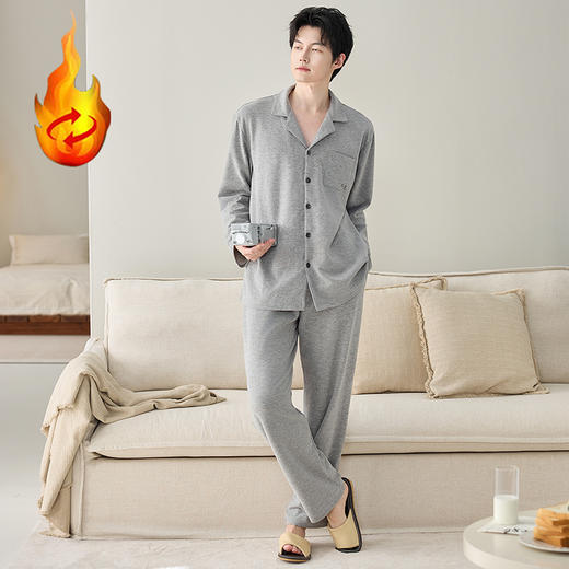 自然醒慢屿男士家居服蚕丝羊毛绒长袖长裤开衫睡衣QH 商品图1