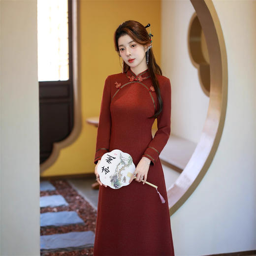 SKY 211109时尚改良新中式毛呢大摆裙大码旗袍裙 商品图1