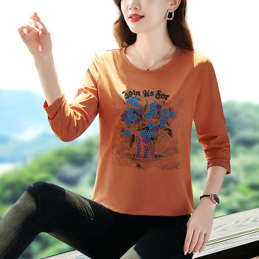 SP809 纯棉长袖t恤秋装2025新款中年女春秋百搭显瘦上衣打底衫中年妈妈 商品图3