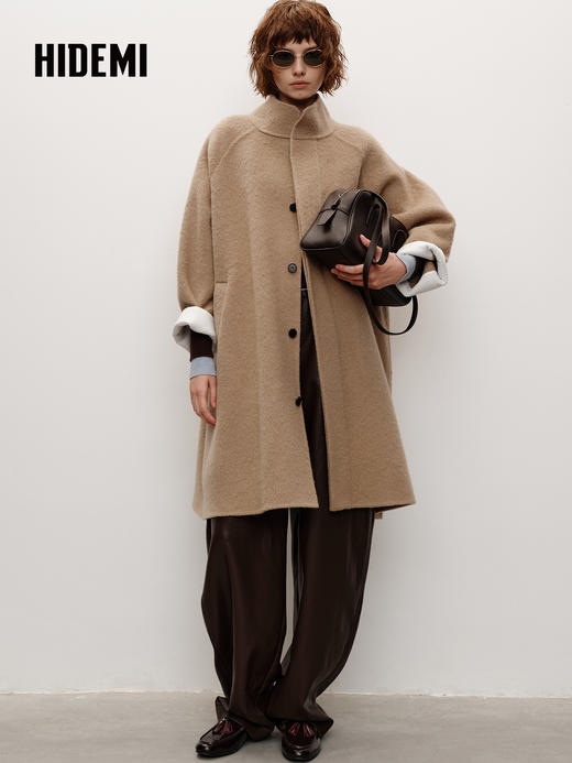 HIDEMI 进口新西兰羊驼毛拉毛做旧感白卷边廓形口袋大衣外套 燕麦色 商品图1