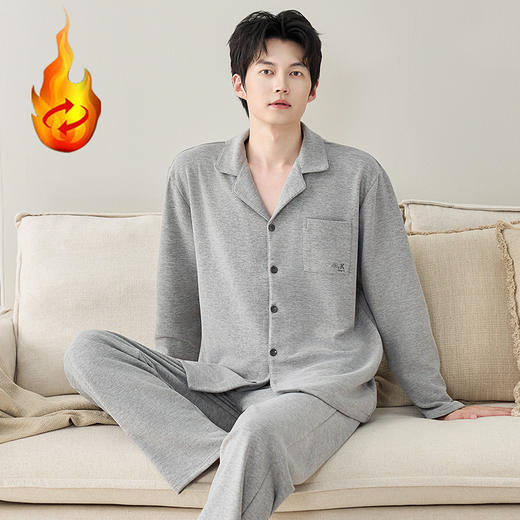 自然醒慢屿男士家居服蚕丝羊毛绒长袖长裤开衫睡衣QH 商品图4