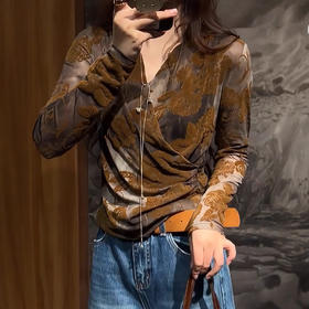 XMZ1289 2025新款秋季时尚洋气百搭显瘦长袖上衣高级感针织衫咖色网纱V领