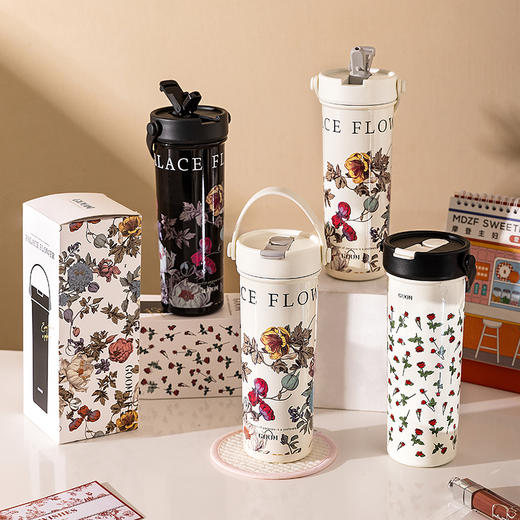 摩登主妇复古花卉吸管保温杯女生高颜值2025新款不锈钢杯子大容量保冷水杯 商品图0
