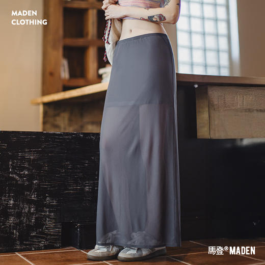 马登夏日格雷系假两件半透明半身裙薄纱氛围感透气高开叉长裙子女 商品图0