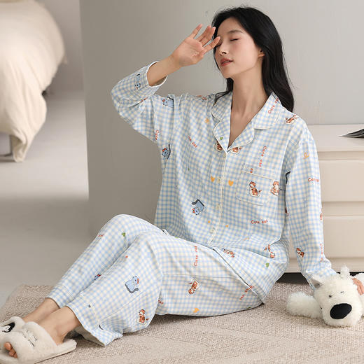 自然醒致柔针织棉(带胸垫)睡衣女士春秋季长袖带胸垫一体秋冬款开衫家居服套装QH 商品图8