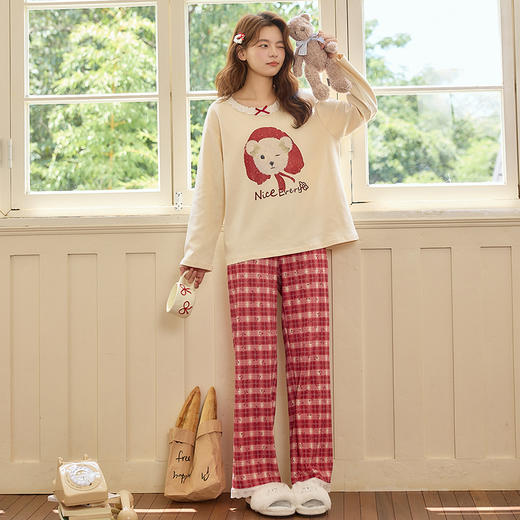 【热卖推荐】自然醒梦幻针织棉家居服（带胸垫）睡衣女士春秋季长袖长裤可外穿休闲简约套装QH 商品图4