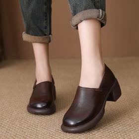 FR 85292乐福鞋复古圆头一脚蹬软皮粗跟单鞋