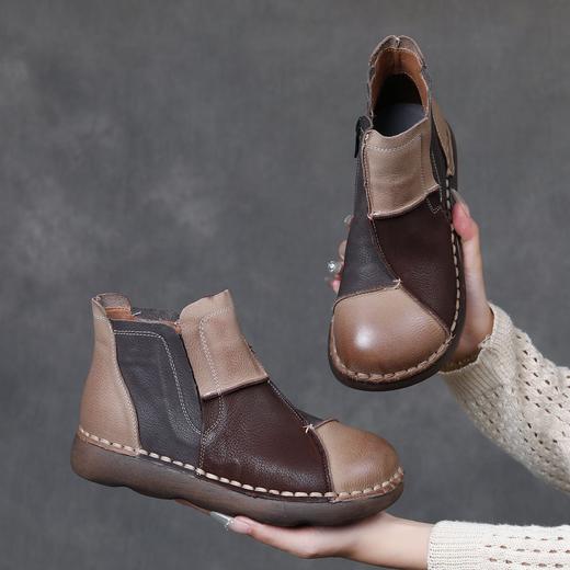 FR 85668短靴复古圆头平底拼色休闲单鞋 商品图1