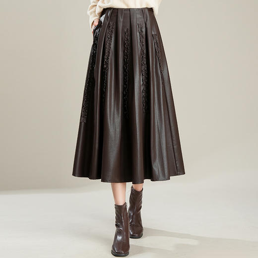 PH-1601 2025新款木耳花边大摆裙高腰中长款半身裙女秋冬A字裙百褶长裙子 商品图1