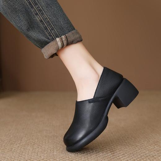 FR 85292乐福鞋复古圆头一脚蹬软皮粗跟单鞋 商品图2