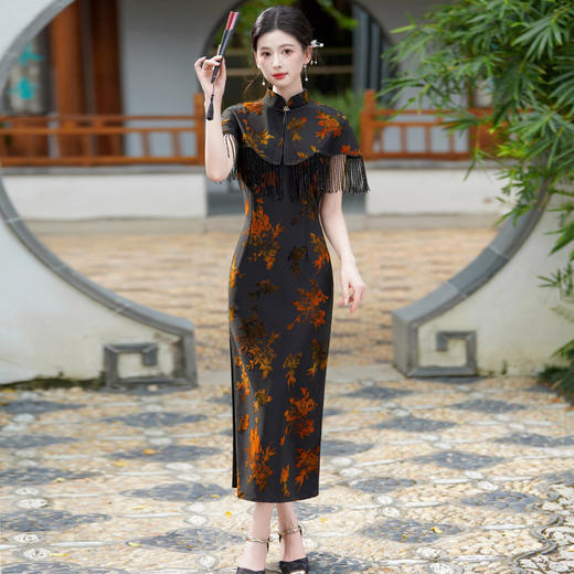 SC22305高端国风新中式长款秋季无袖旗袍改良年轻款女高级感披肩两件套装 商品图0